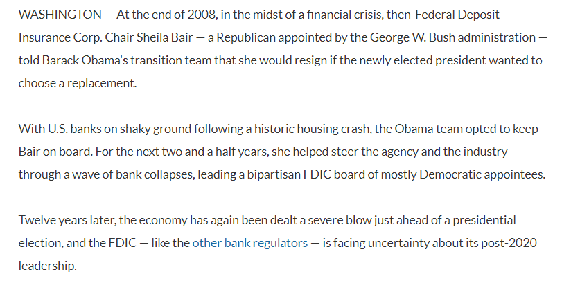 To be clear, this isn't the most unusual situation for a FDIC chair to be in. With five year terms, you're bound to overlap with different administrations, and a lot of FDIC chairs end up resigning when a new president comes into power. But that's not what happened in 2008: