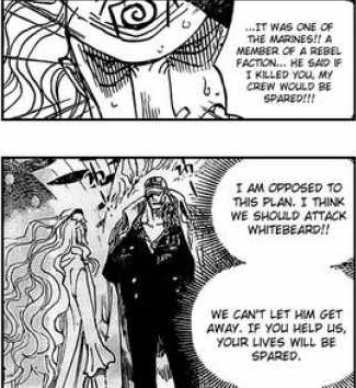 Premièrement, par ses actes, au cours de Marineford, il va user de stratagèmes : manipulation, humiliation et déstabilisation. Ce sont à la fois des démonstrations d'intelligence et la personnalité du Diable des écrits bibliques.