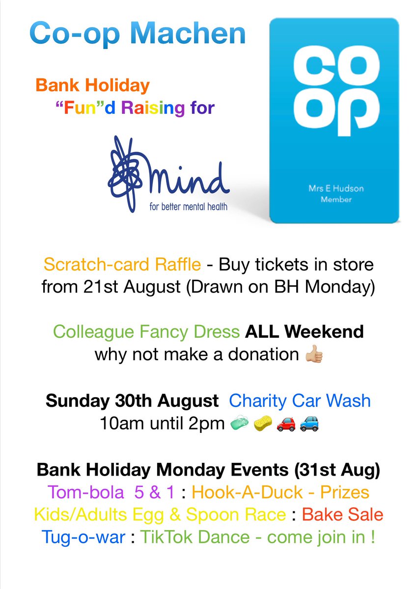 Stephen_BTM's tweet photo. Come join us this #BankHoliday weekend to raise some funds for @MindCharity 😃🌈 Have some Fun and help a worthwhile cause ! @coopuk Get your Car Washed! Win a Prize with our Tom-bola and Hook-a-duck! Even get involved in our TikTok dance 😁😎 👍🏻 https://t.co/MvmTAKBCjl