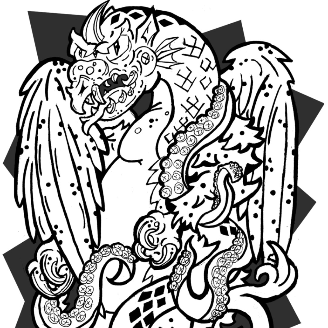 DiffTerrain's tweet image. In ep 6 the Wandertraps met #homebrew Snallygasters (based on the #DnD peryton). What's a Snallygaster? A person size half bird, half reptile. Metal beak, razor sharp teeth and TENTACLES. Image via Lumberwoods, Unnatural History Museum. lumberwoods.org  #ttrpg #monsters