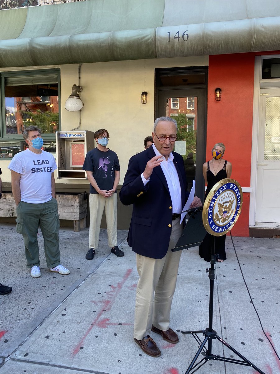 sisario's tweet image. Sen. Schumer, with James Murphy of LCD Soundsystem, says “It is so F’ing important” to save indie music venues. He is a cosponsor of SOS relief bill.