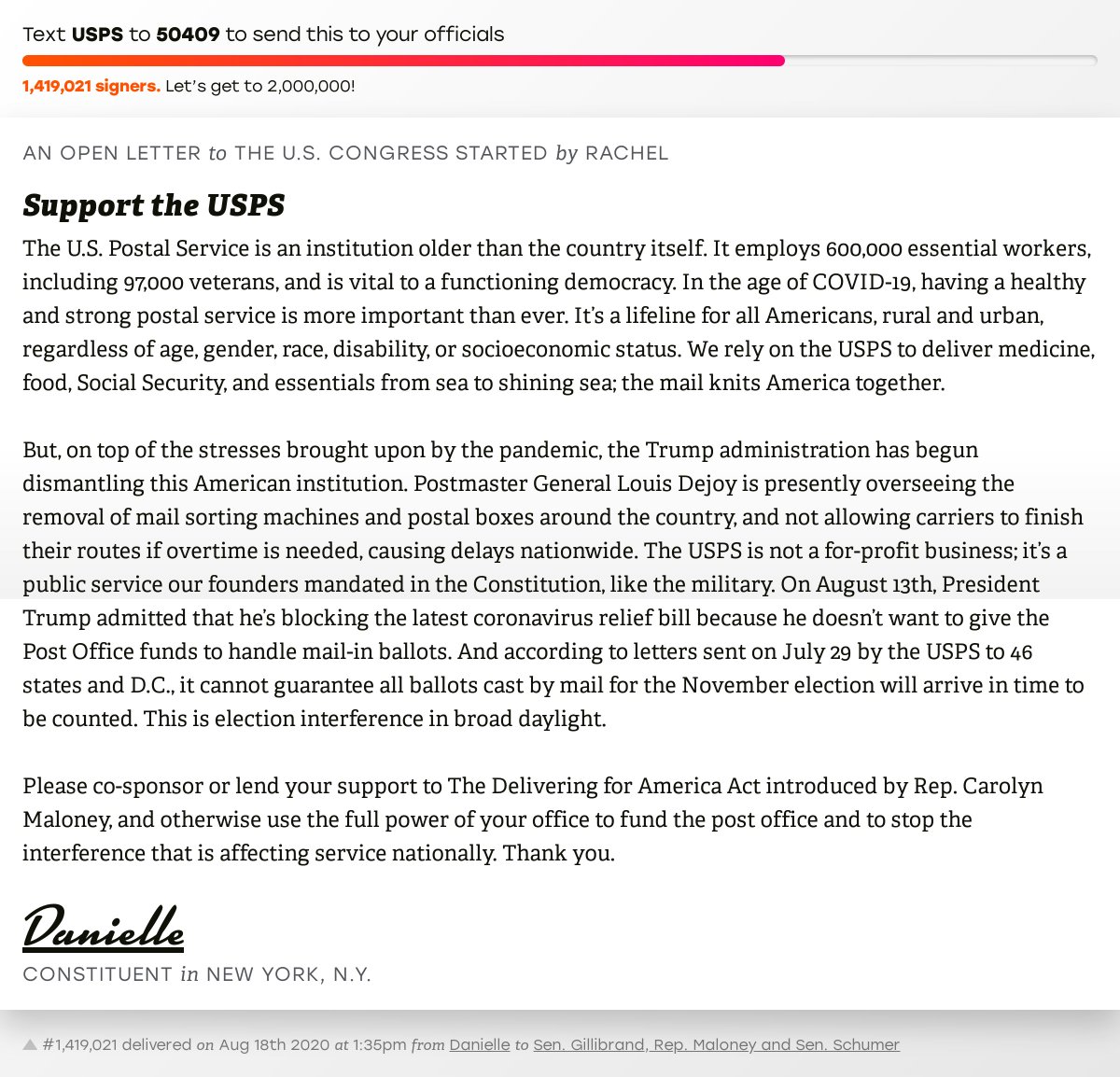 openletterbot's tweet photo. 🖋 Sign “Support the USPS” and I’ll deliver a copy to your officials: https://t.co/GjO2cQ6Sqq

📨 No. 1,419,021 is from Danielle to @GillibrandNY, @RepMaloney and @SenSchumer #NY12 #NYpolitics #NYpol #SaveTheUSPS https://t.co/6hB6qlmGr1