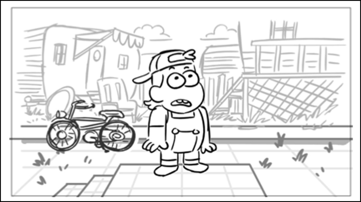 Here's the storyboard again.The bike is parked along the road on the side with the steps indicating the character's path to where he is now. That's important to maintain but in this shot, the rest is mere set dressing. It's subject to improvement.