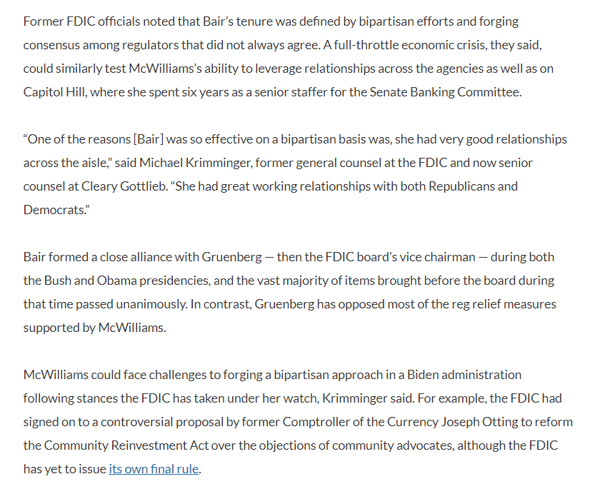By basically all counts, Bair's term as a Republican in the minority leading an FDIC board through the financial crisis was a success. What would it take for McWilliams do something similar?