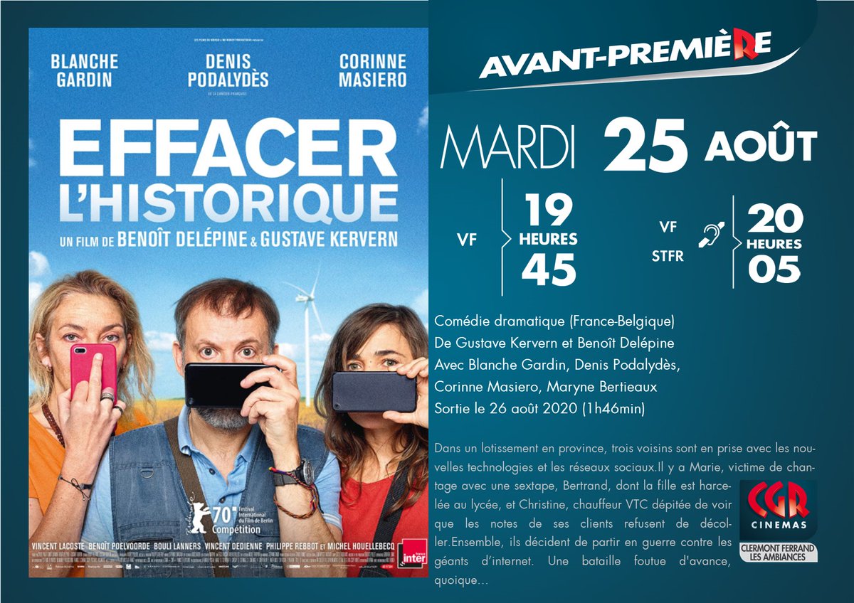 Avant-Première du film "Effacer l'historique"

Mardi 25 août : 
2 séances, une VF et une VFSTFR

Plus d'informations et réservations sur notre site web :
cgrcinemas.fr/clermont-ferra…