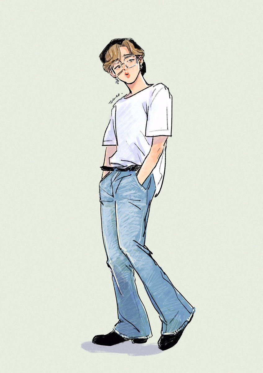 solo shirt pants white shirt hands in pockets 1girl black footwear  illustration images