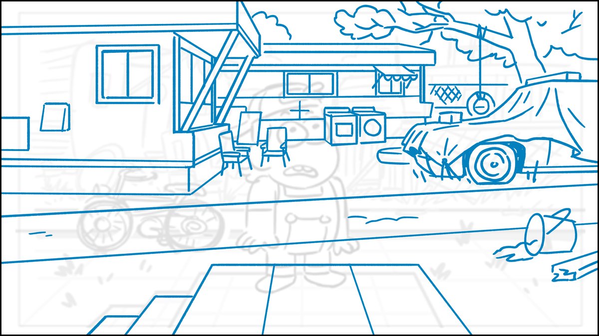 Composition is everything.Let's rework it.In the rough stage, I frame the character in the scene by building everything around him.The vanishing point is behind his head to help direct the eye toward him.