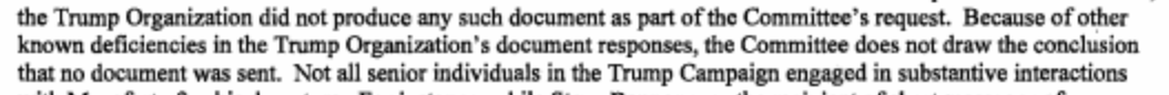 SSCI mentions that Trump Org had "deficiencies" (that is, failed to comply with subpoenas) way down here in footnote 547.[We knew this from HPSCI, bc Trump Org withheld details on the Trump Tower deal, in a way that accords with Trump's testimony]