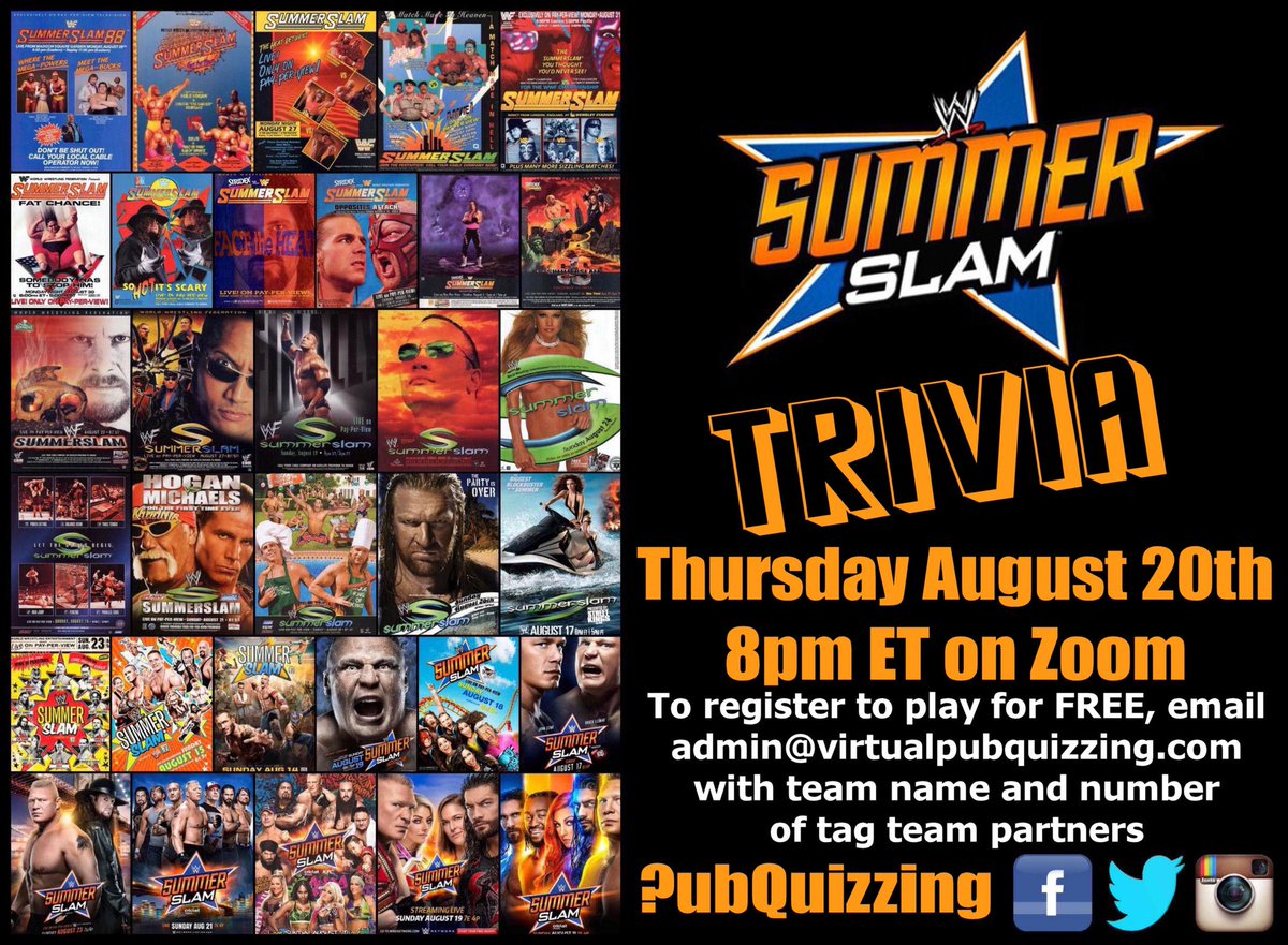 PubQuizzing's tweet image. Join us on Thursday at 8pm 🇺🇸 ET as we test your knowledge of #WWE #SummerSlam  Email admin@virtualpubquizzing.com to register. #SummerSlam2020 #Wrestling #WrestlingCommunity #WrestlingTwitter #WrestlingTrivia #WWESummerSlam #Raw #WWERaw  #RawUnderground #WWEThunderdome