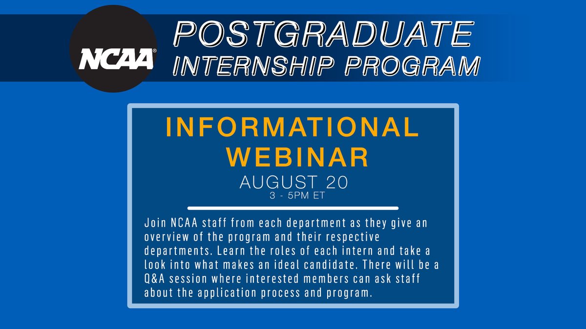 Interested in learning more about the NCAA Postgraduate Internship Program? Register for the informational webinar on Thursday starting at 3PM ET!

Register→ markeys.zoom.us/webinar/regist….