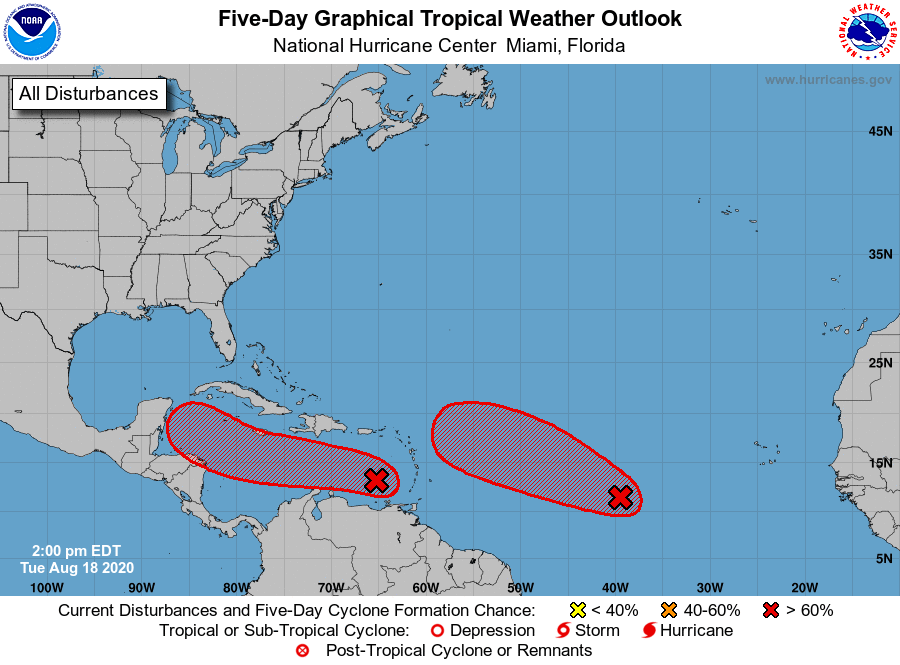 NHC_Atlantic's tweet photo. NHC is monitoring two systems across the tropics that have a high chance of becoming a tropical depression later this week or this weekend.  For more information, visit https://t.co/tW4KeGdBFb https://t.co/yXcFJfkgwq