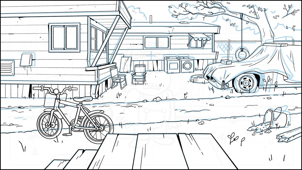 As I clean it up, I make sure the details also support the composition of framing the character.- The bike angles toward him.- The chairs, laundry machines, bucket, far left vent, etc all point to the character.- The road is angled to be less harsh to not draw attention away.