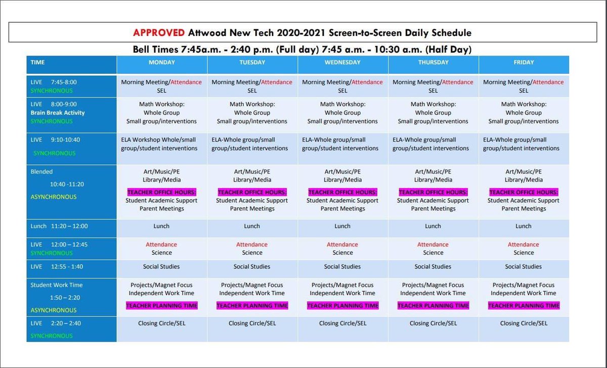 AttwoodNewTech's tweet photo. Attention Attwood New Tech families, below is the official screen-to-screen daily virtual schedule! https://t.co/irlNWtb852