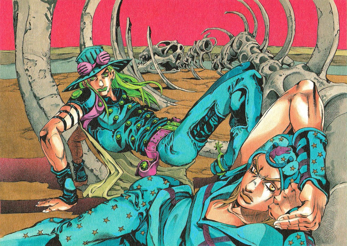 56/ Couverture du chapitre 25 de Steel Ball Run (avril 2005). [𝟮/𝟮]La pose de Johnny est inspirée de celle de Uma Thurman pour Louis Vuitton (printemps/été 2005).