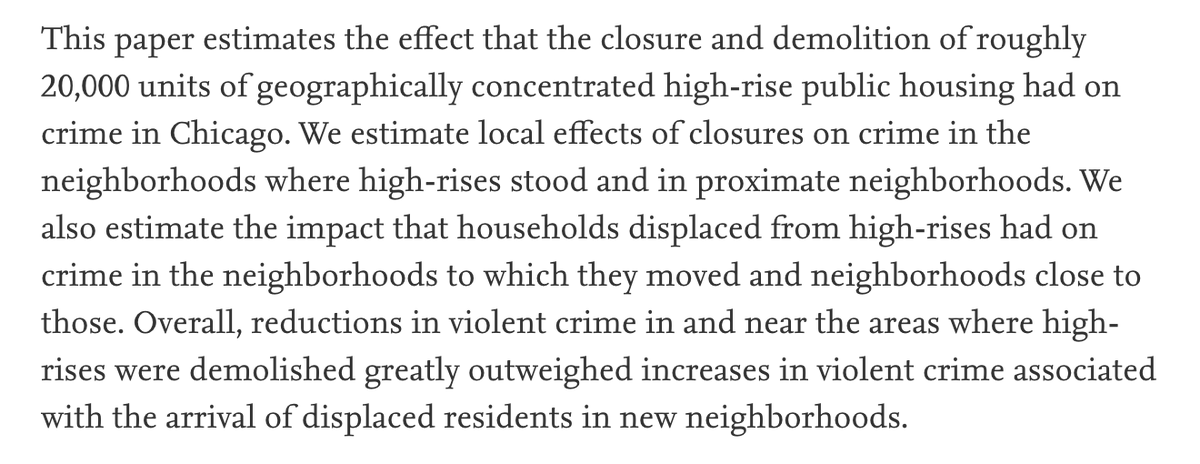 E.g., reducing the geographic concentration of public housing units reduces violent crime: https://www.sciencedirect.com/science/article/abs/pii/S0094119015000364?via%3Dihub