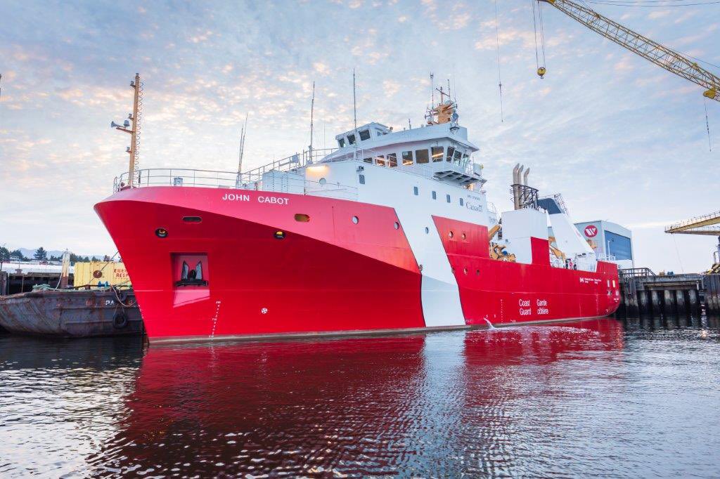 Seaspan's tweet image. A peek at the sparkling galley inside @CoastGuardCAN’s new science vessel the future CCGS John Cabot, about to head out for #SeaTrials. It’s got that new-home feel, and we don’t want to scratch the floors! #NationalShipbuildingStrategy