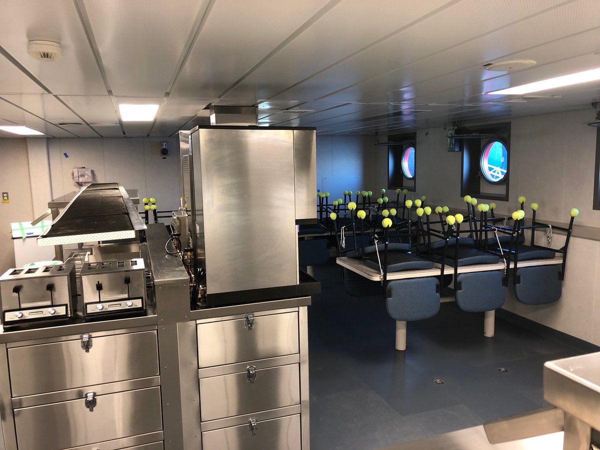 Seaspan's tweet image. A peek at the sparkling galley inside @CoastGuardCAN’s new science vessel the future CCGS John Cabot, about to head out for #SeaTrials. It’s got that new-home feel, and we don’t want to scratch the floors! #NationalShipbuildingStrategy