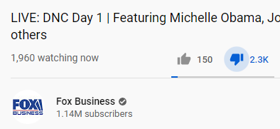 About 10pm EST last night, curiosity got the best of me. I went to see how many were watching the demonwits event. Take note of the subscribers/# watching/thumbs up/thumbs down. This is just some . @DanScavino . @GOPLeader  @kayleighmcenany   #TrumpLandslide2020 . @realDonaldTrump