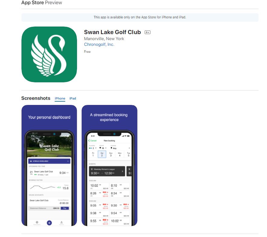 Swan Lake Golf Club Now’s has own own iPhone and Android App. Download today and book directly with us