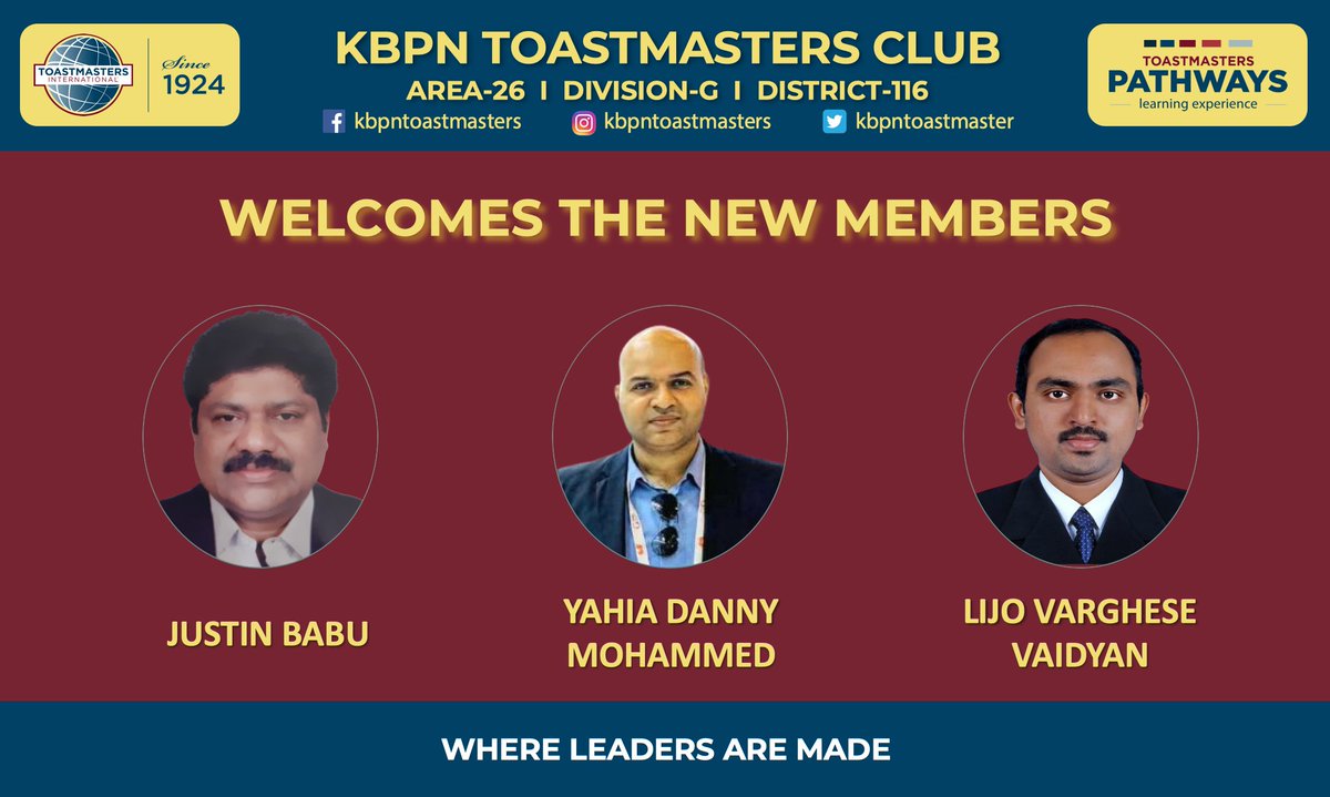 KBPN Toastmasters Club welcomes the new members - Justin Babu, Yahia Danny Mohammed and Lijo Varghese Vaidyan to the KBPN family