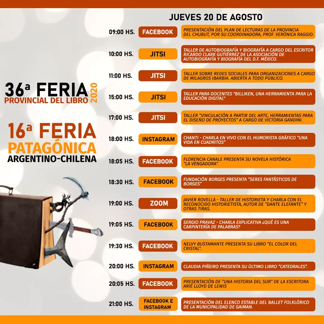 FERIA PROVINCIAL DEL LIBRO GAIMAN 2020📚
#EdiciónVirtual📲
Del 20 al 23 de agosto te esperamos en nuestras redes sociales para compartir entrevistas, presentaciones de libros, talleres, charlas, espectáculos y mucho más
📌Chequea todas las actividades que te esperan el jueves 20