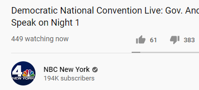 About 10pm EST last night, curiosity got the best of me. I went to see how many were watching the demonwits event. Take note of the subscribers/# watching/thumbs up/thumbs down. This is just some . @DanScavino . @GOPLeader  @kayleighmcenany   #TrumpLandslide2020 . @realDonaldTrump