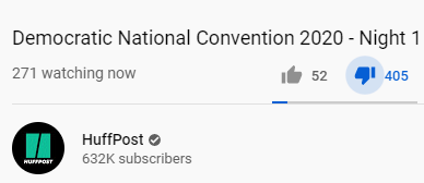 About 10pm EST last night, curiosity got the best of me. I went to see how many were watching the demonwits event. Take note of the subscribers/# watching/thumbs up/thumbs down. This is just some . @DanScavino . @GOPLeader  @kayleighmcenany   #TrumpLandslide2020 . @realDonaldTrump