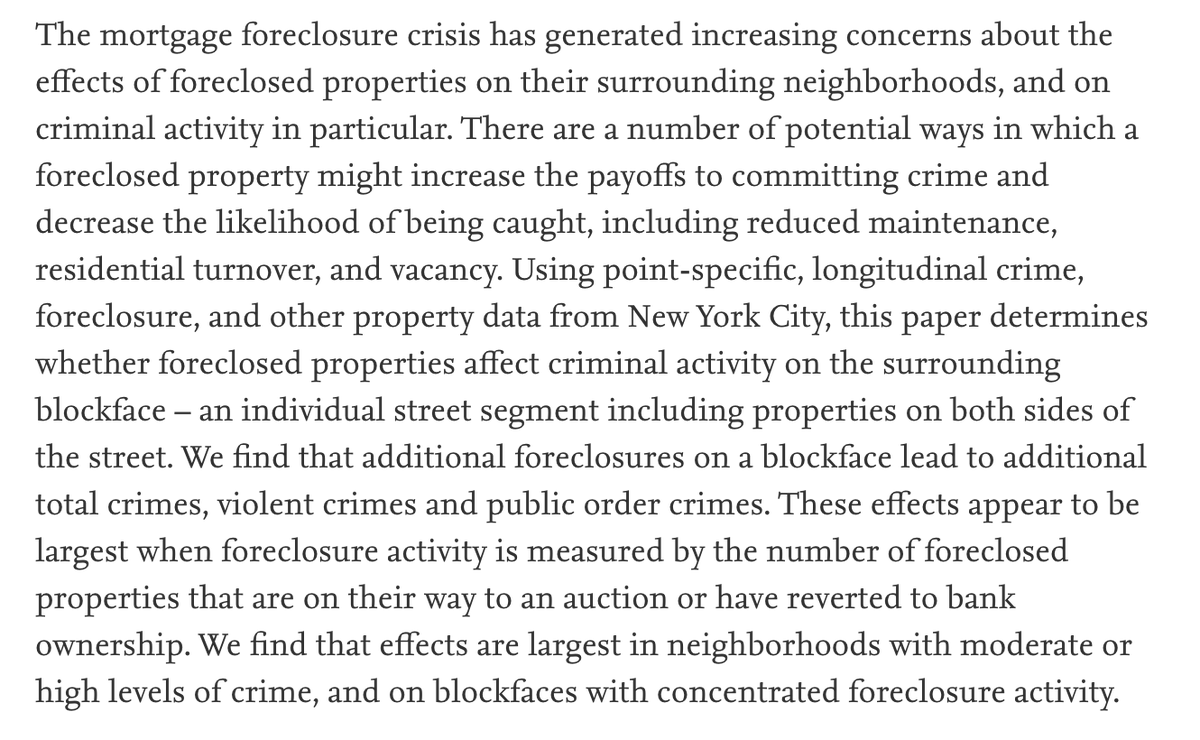 Reducing foreclosures in a neighborhood reduces violent crime  @jrlacoe: https://www.sciencedirect.com/science/article/abs/pii/S0094119012000617?via%3Dihub