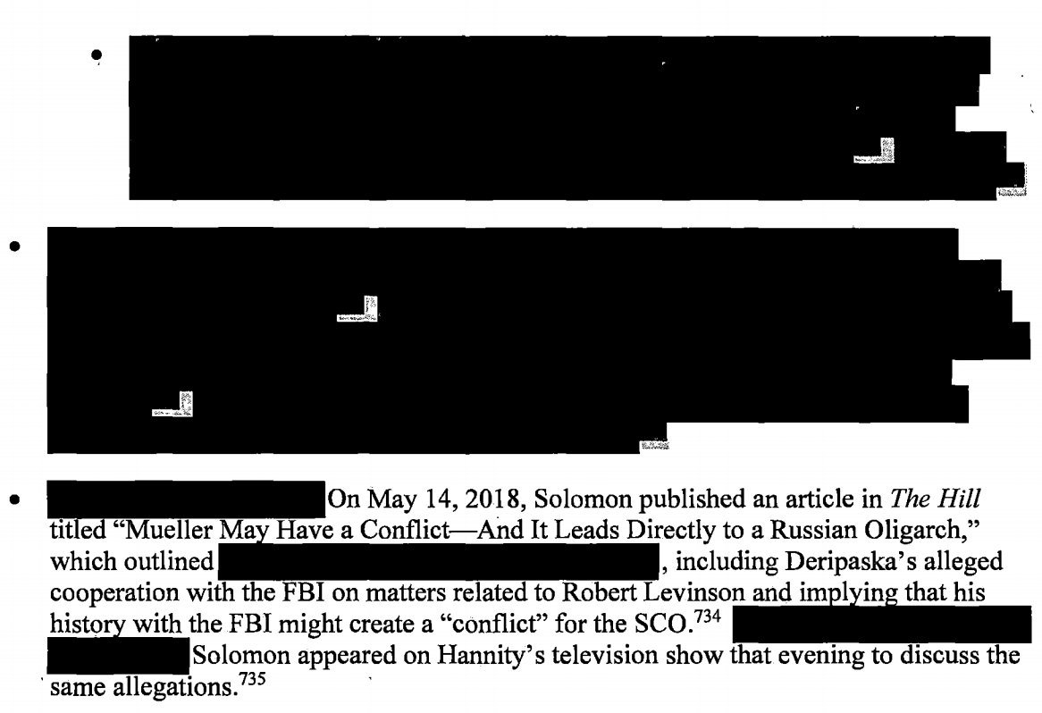 Somewhere in these redactions John Solomon gets introduced for his role in spreading pro-Russian disnformation.