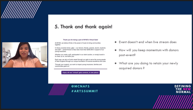 3. Find your champions - it's an opportunity to deepen your relationships & build new ones4. Use the tools you have5. Thank & thank again! Your fundraising does not end when the event does. How are you bringing new supporters into the fold?Amy Ramnarine  @BYSO  #ArtsSummit