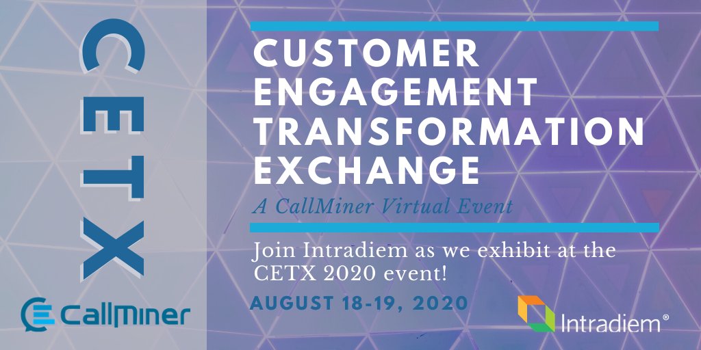 Intradiem (@intradiem) on Twitter photo We are pleased to be a sponsor at the Customer Engagement Transformation Exchange hosted by our partner, <a href="/CallMiner/">CallMiner, Inc.</a> CallMiner. Stop by our booth to learn more about raising the bar on Agent Quality Management. #CETX2020 We are pleased to be a sponsor at the Customer Engagement Transformation Exchange hosted by our partner, <a href="/CallMiner/">CallMiner, Inc.</a> CallMiner. Stop by our booth to learn more about raising the bar on Agent Quality Management. #CETX2020