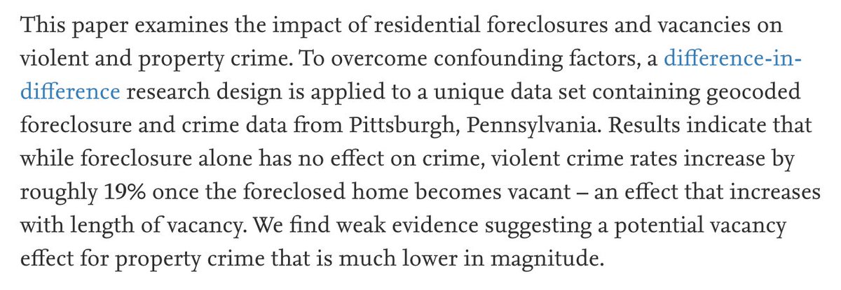 Likewise, reducing foreclosure-induced vacancy in a neighborhood reduces violent crime: https://www.sciencedirect.com/science/article/abs/pii/S0094119015000029?via%3Dihub