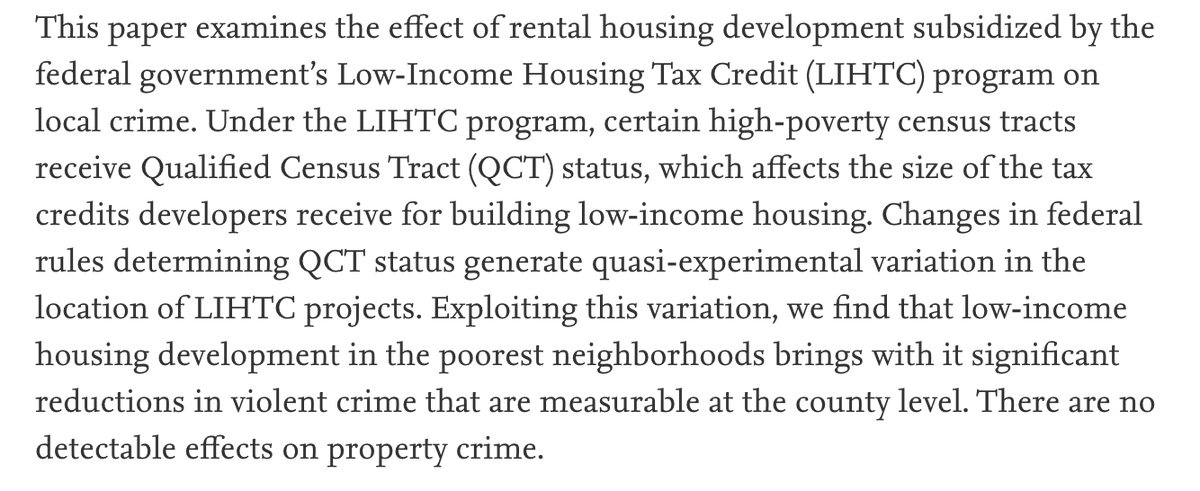Not unrelatedly, providing for affordable housing reduces violent crime  @ProfEmilyOwens : https://www.sciencedirect.com/science/article/abs/pii/S0094119011000301?via%3Dihub