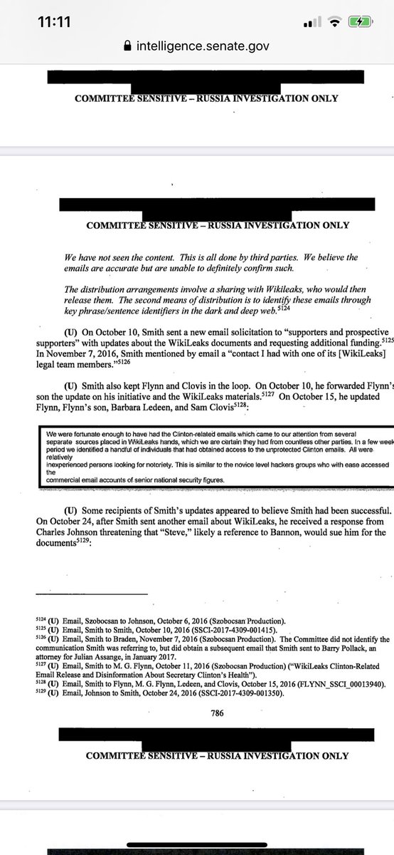 Peter Smith’s (deceased) search for HRC’s deleted emails. Smith also kept Flynn and Clovis in the loop. On Oct 10, he forwarded Flynn's son the update on his initiative and the WikiLeaks materials. p 873 https://www.intelligence.senate.gov/sites/default/files/documents/report_volume5.pdf