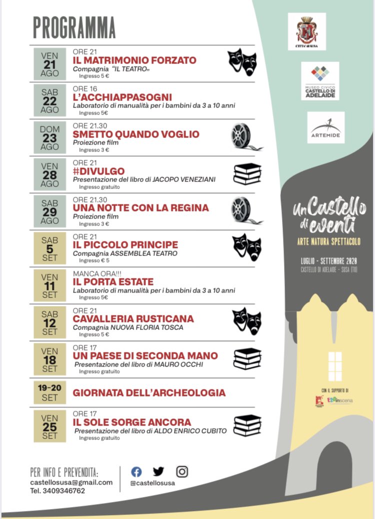 castellosusa's tweet photo. 🏰 Il ricco calendario di #UnCastelloDiEventi si aggiorna!
✅ Ecco il #programma di tutte le attività previste sino alla fine di settembre al #CastelloDiAdelaide - #MuseoCivicoSusa. https://t.co/fUHMA4eV4Y