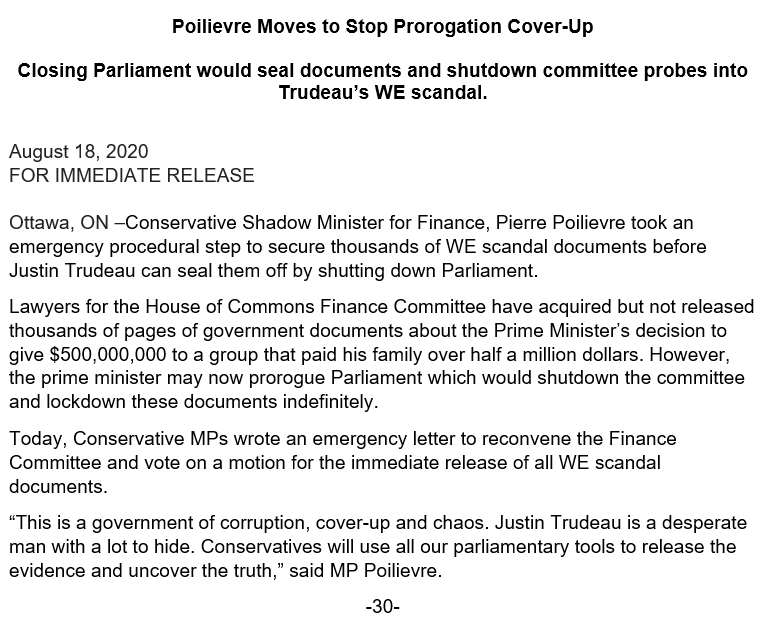 PierrePoilievre's tweet photo. Finance Committee members expect 5000 pages of WE scandal documents by tomorrow.... unless the PM prorogues today and seals the documents in an unprecedented cover-up. https://t.co/G5GJ7hc6Lf