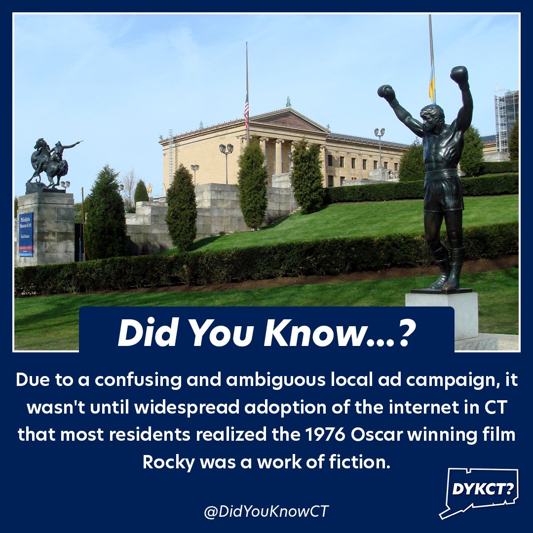 didyouknowct's tweet photo. Did You Know that #Connecticut residents have are unique in their appreciation of the #Rocky films?

#CTFacts #FunFaCTs #EyeOfTheTiger #OscarWinners #MovieFaCTs

"The Rocky statue" by Bobak Ha'Eri is licensed under CC BY 3.0
https://t.co/bd78S4acmL https://t.co/AdUJMXQAeZ