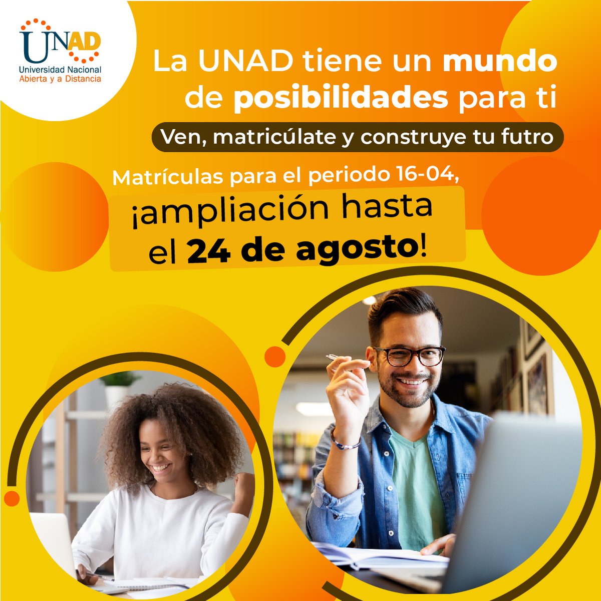 UniversidadUNAD's tweet photo. #Atención Comunidad Unadista📣 ¡La UNAD tiene un mundo de posibilidades para ti!🤩 Hemos ampliado nuestras fechas de matrícula✔️ Ingresa a https://t.co/GXm35cklT1 para más información.

#MásUNADMásPaís https://t.co/mViwzLduWP