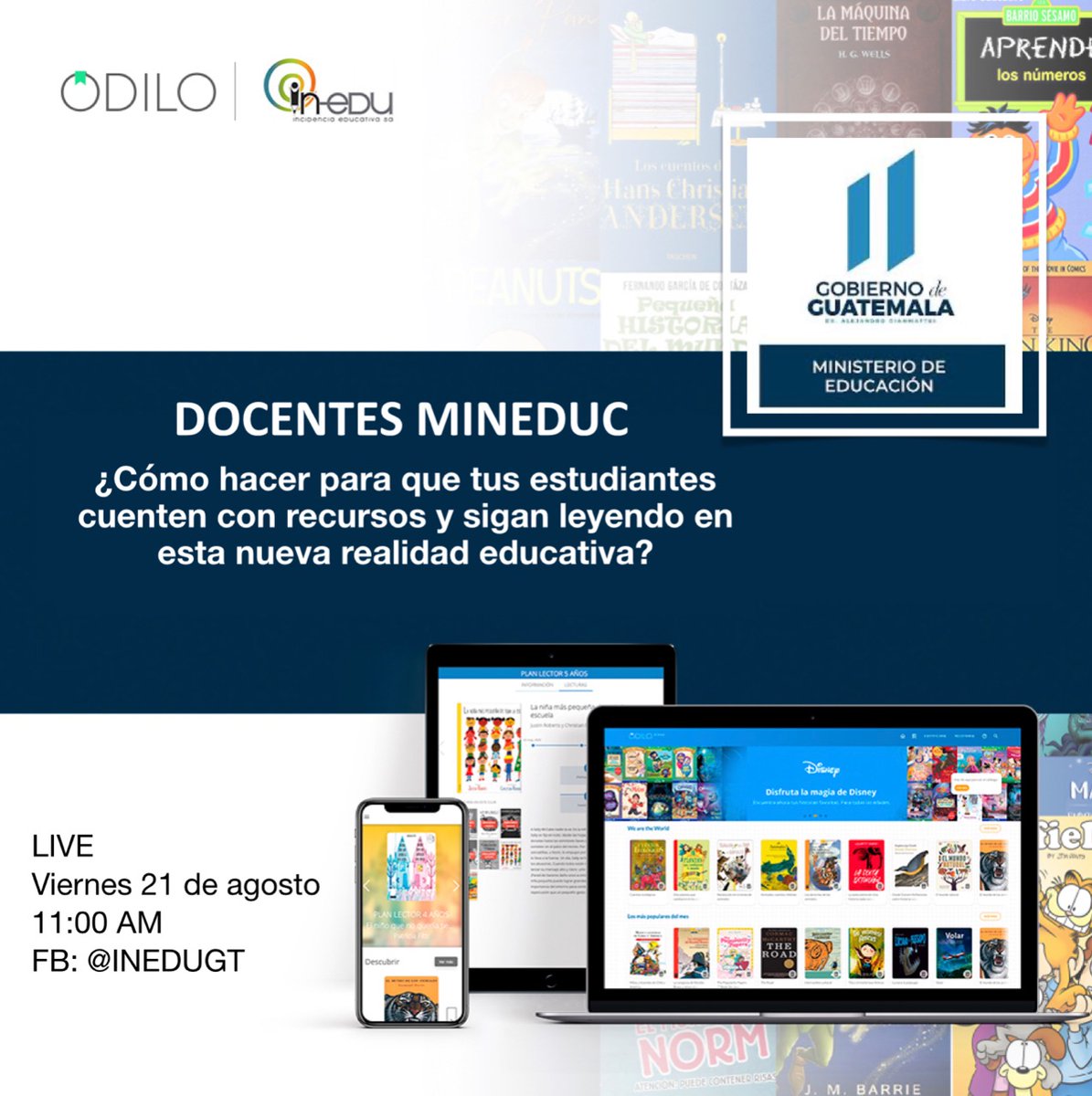 AprendoEnCasaGT's tweet photo. Más de 8,000 docentes ya utilizan la plataforma ODILO en sus programas educativos. Conoce más sobre este programa en el LIVE, programado para este 21 de agosto a las 11:00 horas. 

#Mineduc #INEDU #GuatemalaNoSeDetiene https://t.co/TsnAdBJoT6