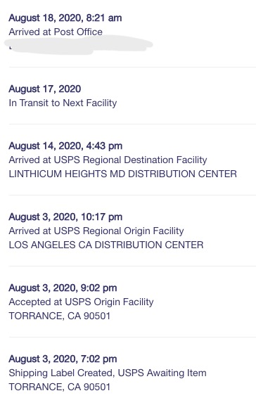 Shipment tracking shows it took 11 days to get this package from LA to MD.