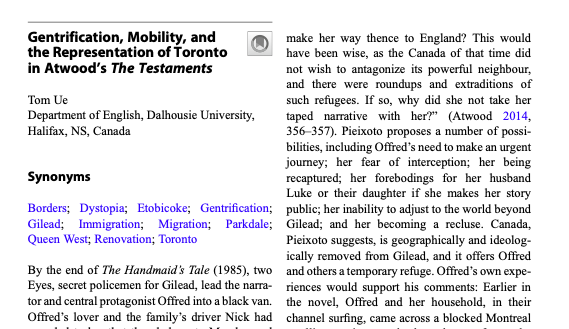 TorontoWFL's tweet photo. I discuss the representation of #Toronto in Atwood's #TheTestaments in The Palgrave Encyclopedia of Urban Literary Studies @PalgraveLit. #HandmaidsTale https://t.co/X2DMXOWDdL https://t.co/PxYMXTSS6E