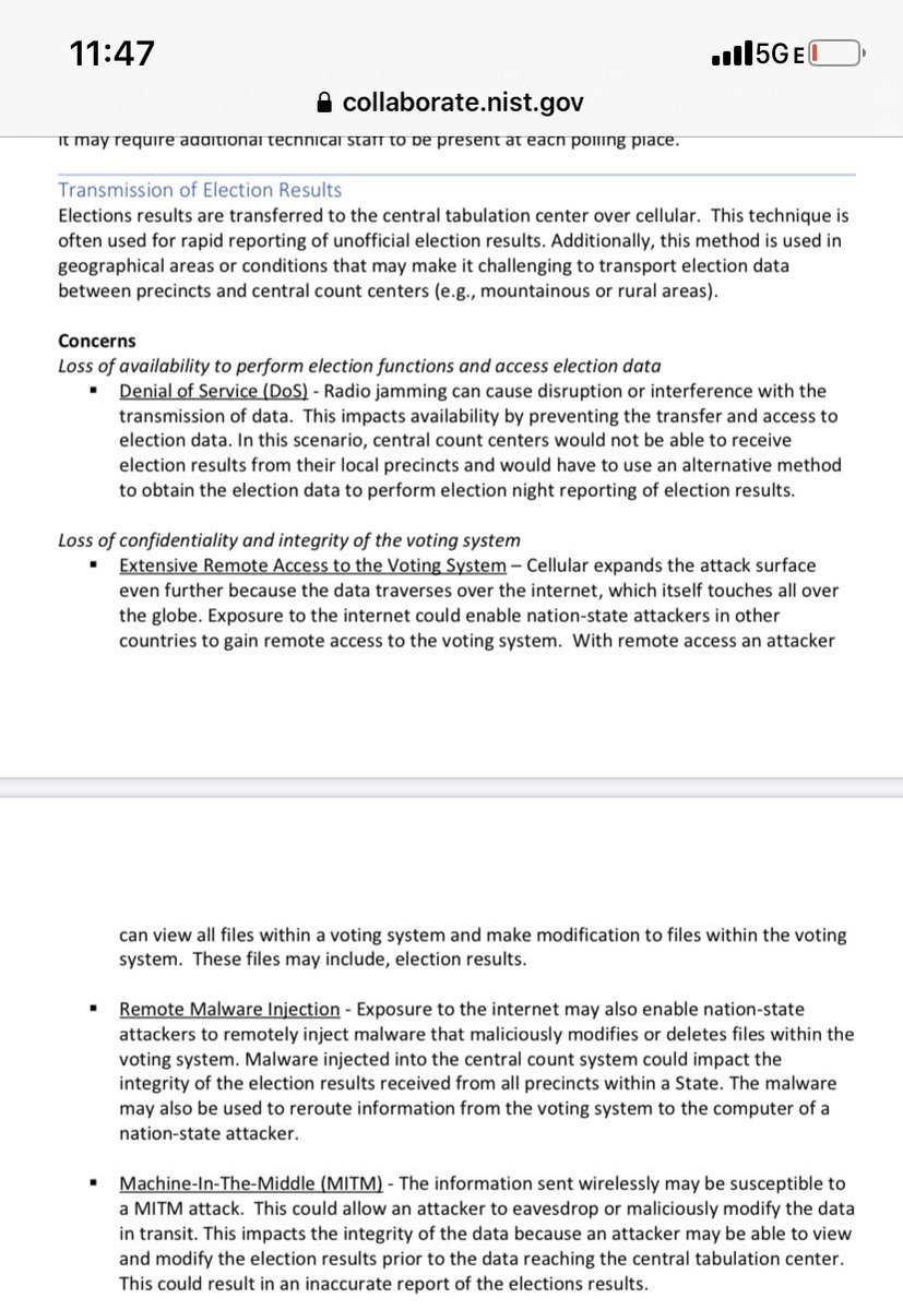 Don’t just take my word for it that these cellular (wireless) modems are dangerous. Look what NIST has to say. h/t  @SEGreenhalgh 8/  https://collaborate.nist.gov/voting/pub/Voting/CyberSecurity/WirelessUseCaseAnalysis-OpenArea-Sept16-2019.pdf