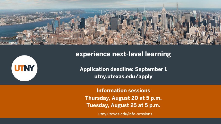 UTexasMoody's tweet photo. Join us this Thursday, Aug. 20 at 5 p.m. CST to find out more about #UTNY.
Register now to secure your spot! https://t.co/Bj2th3TkiI. https://t.co/3g0VjXsK5j