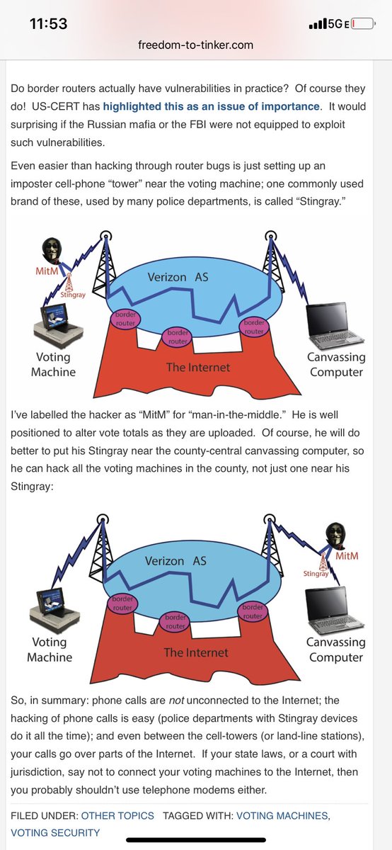 Read what IT experts like Professor Andrew Appel (Princeton) have to say about these cellular modems in ES&S precinct scanners.  https://freedom-to-tinker.com/2018/02/22/are-voting-machine-modems-truly-divorced-from-the-internet/ 9/