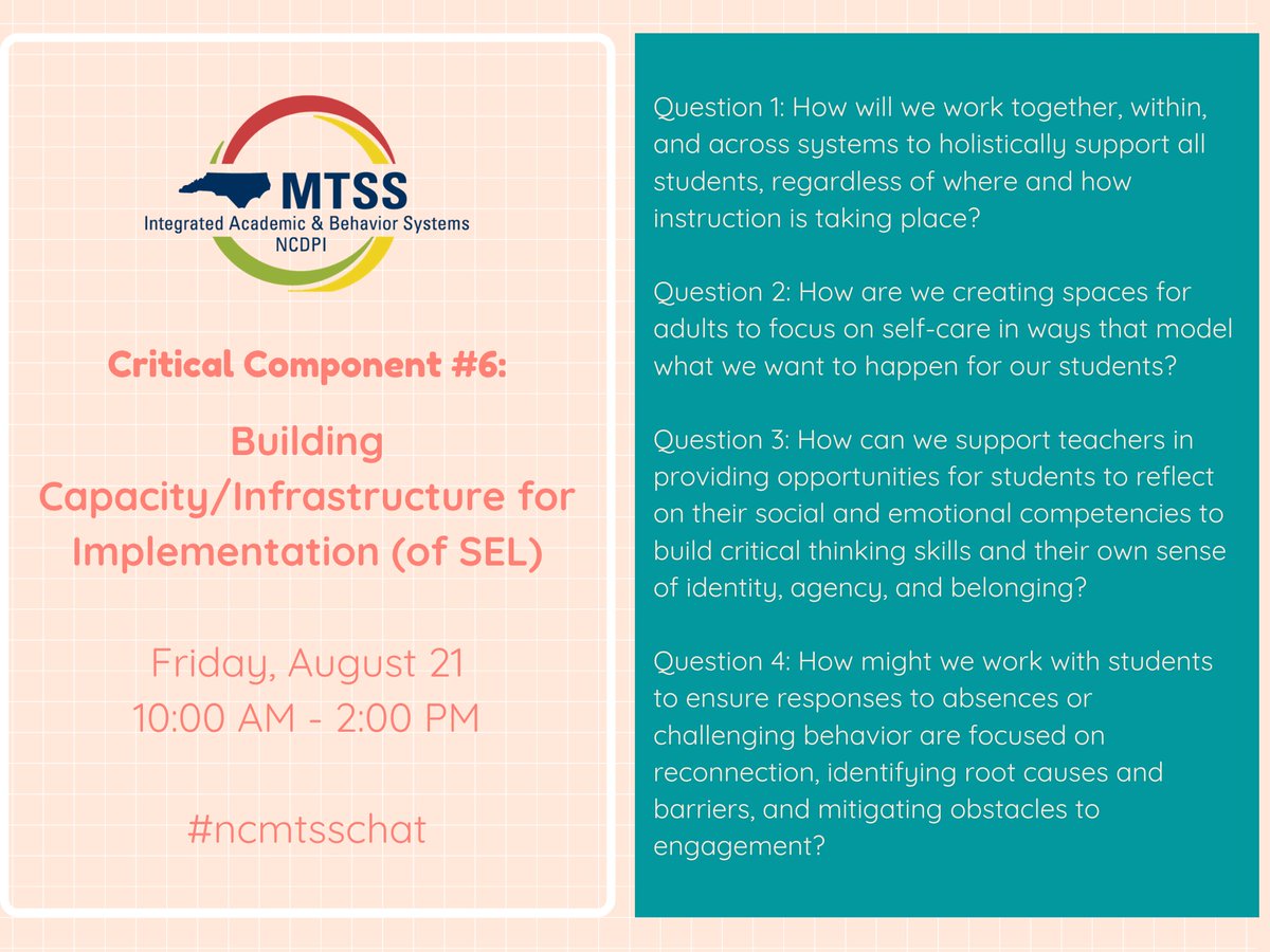 Get ready. 
We have important things to discuss. 
    Things like building capacity to do this work.
     Things like ensuring the infrastructure exists to sustain the work. 
     Things like supporting adults and students around #SEL 
Join us Friday at 1️⃣0️⃣  for #ncmtsschat