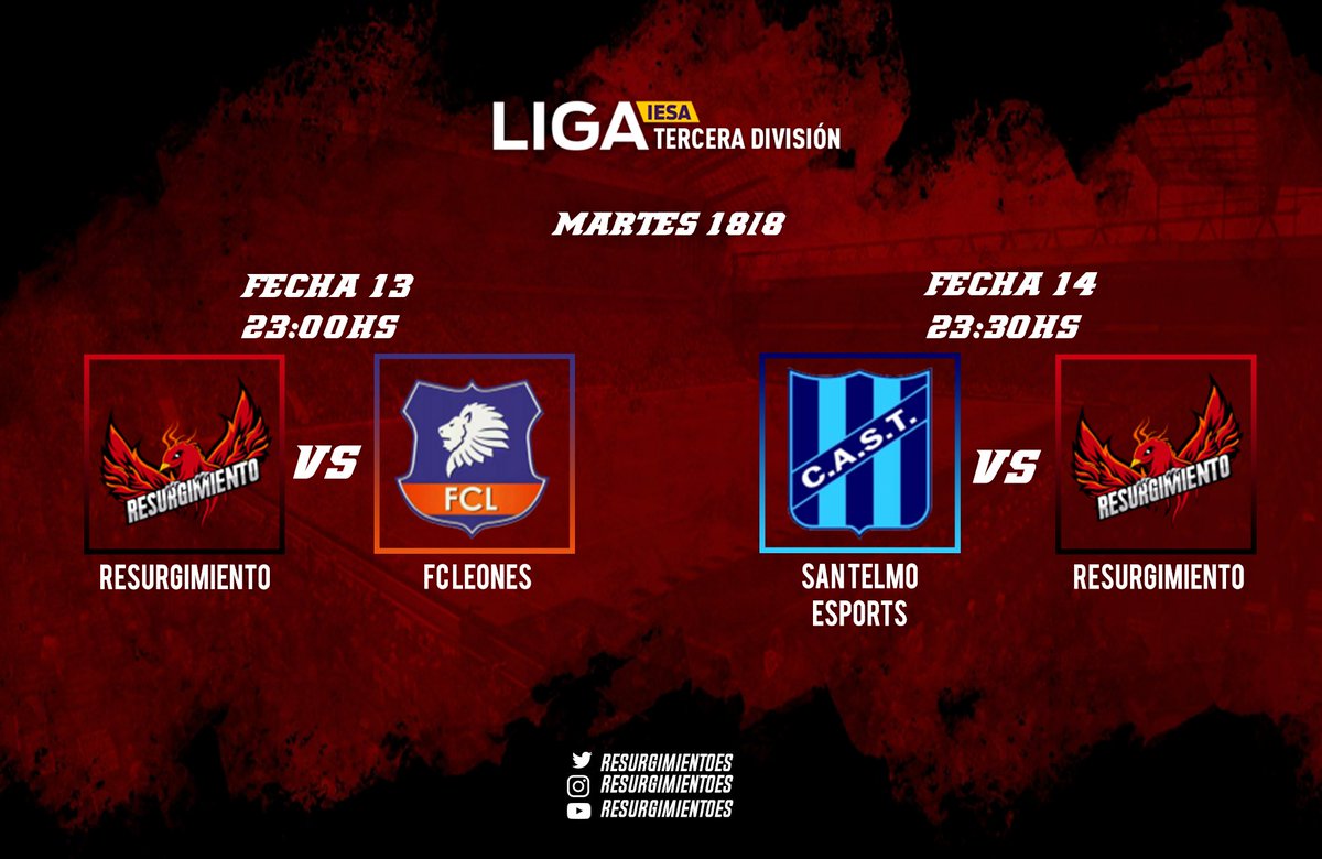 Se juega en <a href="/IESAArgentina/">IESA</a>. Hoy partidos ante grandes rivales. 

🆚️ @FC_Leones_Arg 
🆚️ <a href="/CASTeSports/">San Telmo eSports</a> 

#Resurgimiento 🔴⚫🦅