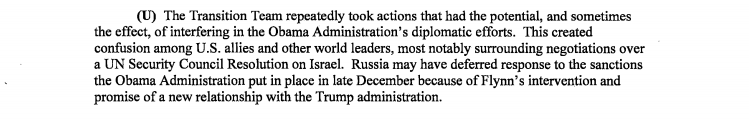 On Flynn, Senate Intel concludes the former Trump national security adviser's communication with the then-Russian ambassador before Trump took office influenced Russia's response to Obama sanctions over election interference.