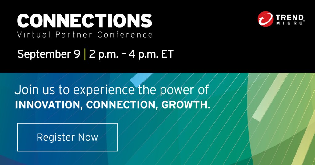 trendaisecurity's tweet image. We’re excited to bring you Connections, our largest virtual partner conference featuring Trend Micro’s executives and industry speakers from AWS and Canalys on September 9. bit.ly/3kgu0Gb #TMConnections #TrendMicroPartners #cloudsecurity