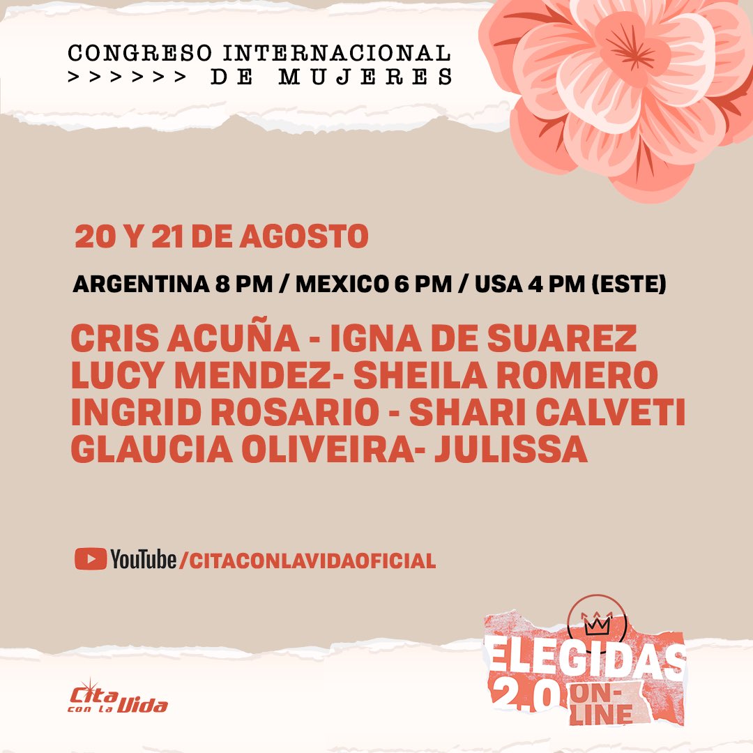 congremujeres's tweet image. Les compartimos los horarios de nuestro congreso para que lo puedas ver desde el lugar donde te encuentres 🌍 
⭐️Juntas vamos a celebrar Elegidas 2.0 este jueves 20 y viernes 21 ⭐️
Estamos felices y expectantes por los días que se vienen 🙌🏼
#Elegidas #mujeres #juntasesmejor