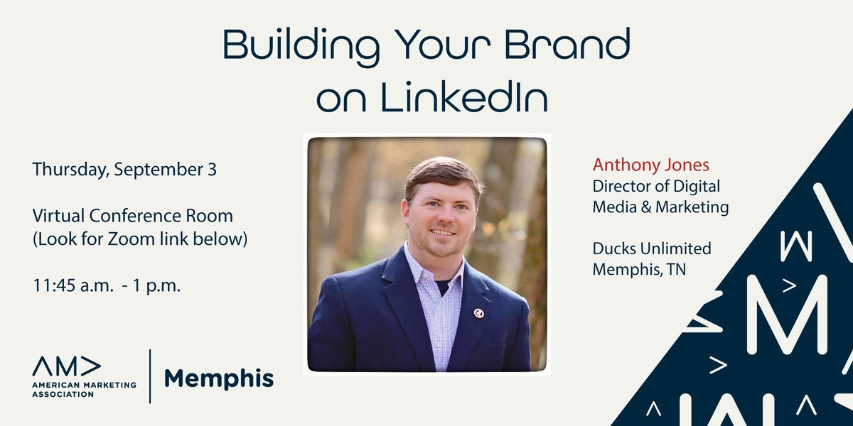 AMA_Memphis's tweet photo. Join us for our next #virtualluncheon ! Anthony Jones will be speaking about Building Your Brand on LinkedIn. You don't want to miss it! Register here ➡️https://t.co/REy3uKHCu8
#amamemphis #901memphis #marketing #MarketingDigital https://t.co/nXHI4tI1CK
